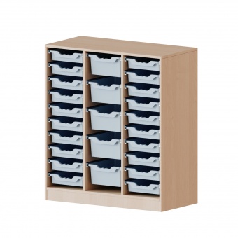 ErgoTray Regal, 3reihig, rechts+links je 10 flache, mittig, 5 hohe Boxen, B/H/T 104,5x118x40cm 